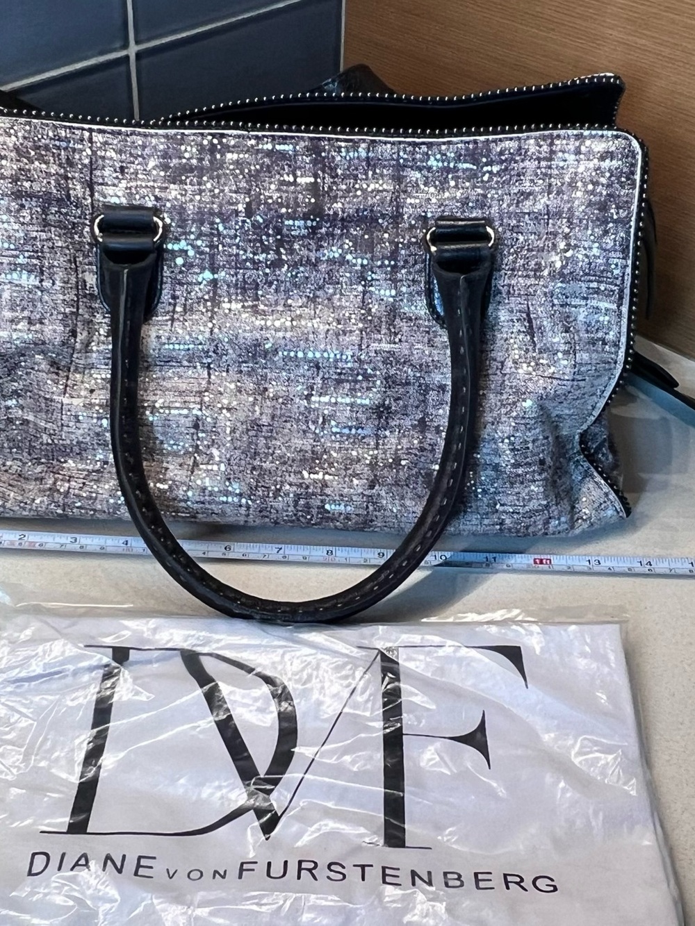 Diane von Furstenberg Silver Textured Tote Bag with Shoulder Belt